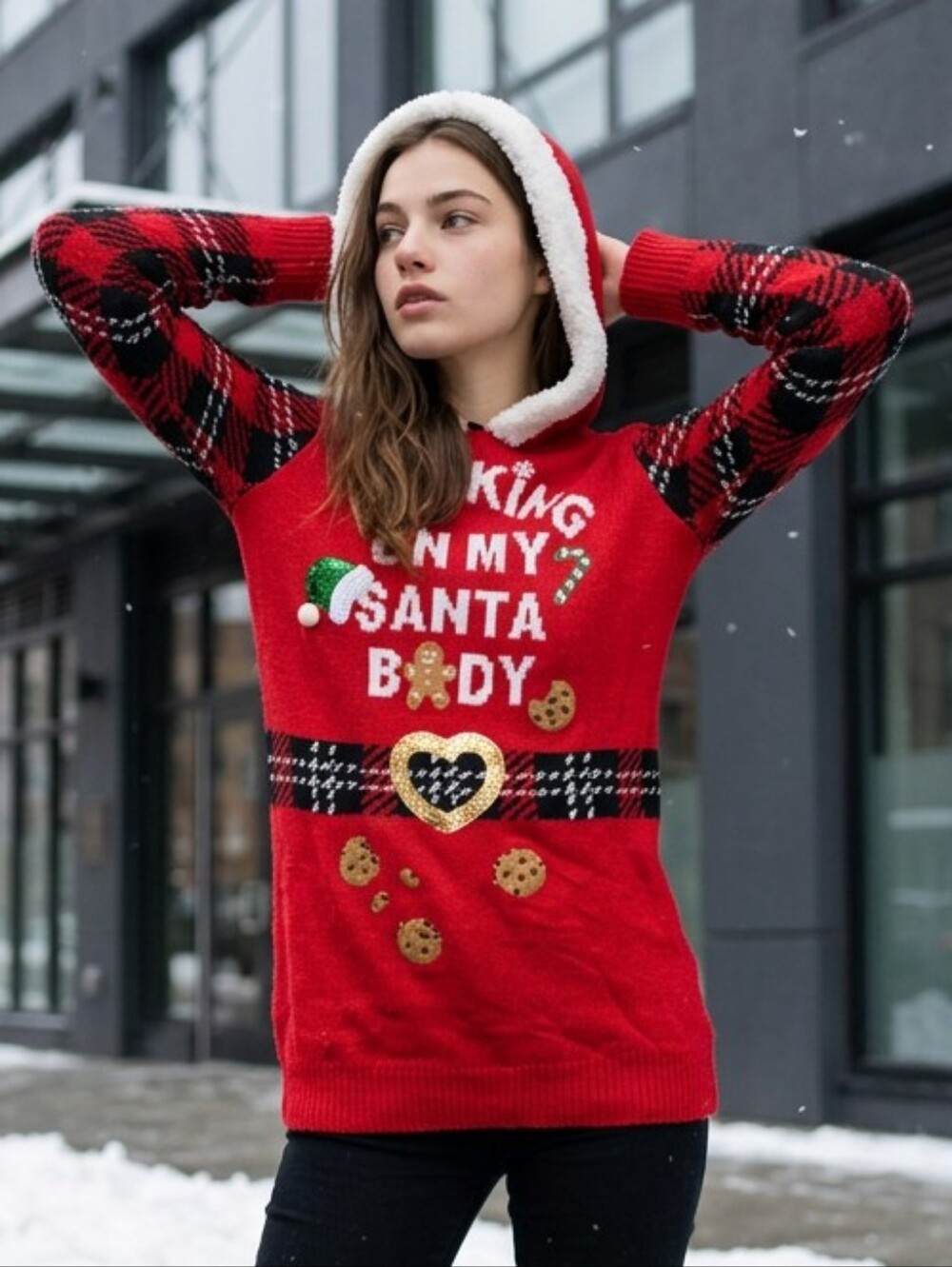 Working On My Santa Body Ugly Christmas Sweater Hoodie Dress Juniors S Holiday